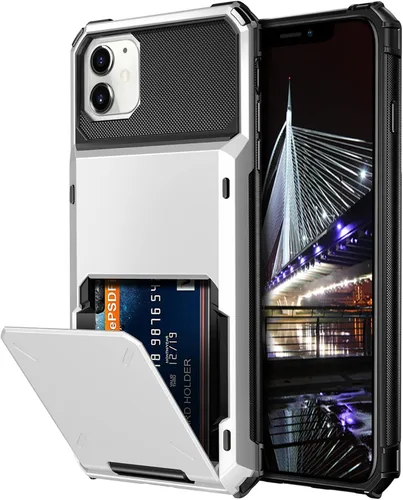 Vista 17 de Vofolen Funda protectora para iPhone 11, 4 tarjetas, ranura para identificación, puerta abatible, bolsillo oculto, antiarañazos, doble capa