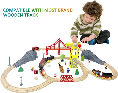 Vista 3 de Tren motorizado para pista de madera, juego de 3 piezas de tren de juguete para niños y niñas de 3, 4, 5+ años, tren con batería compatible