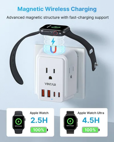 Vista 3 de VINTAR - Adaptador de viaje universal para cargador de Apple Watch, adaptador de corriente internacional con 3 salidas de CA, 4 puertos USB