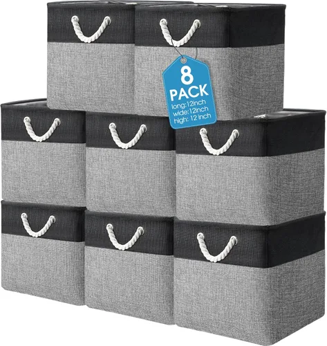 Vista 16 de meekoo Paquete de 8 contenedores plegables de almacenamiento de tela, cestas de tela de poliéster con asas, organizador de armario de lino para Beige