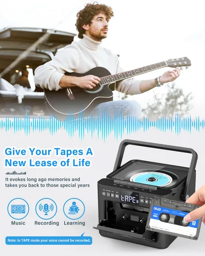 Vista 2 de Greadio Boombox - Combo de reproductor de CD y cassette, reproductor de CD recargable de 5000 mAh con Bluetooth de recepción/transmisión/radio