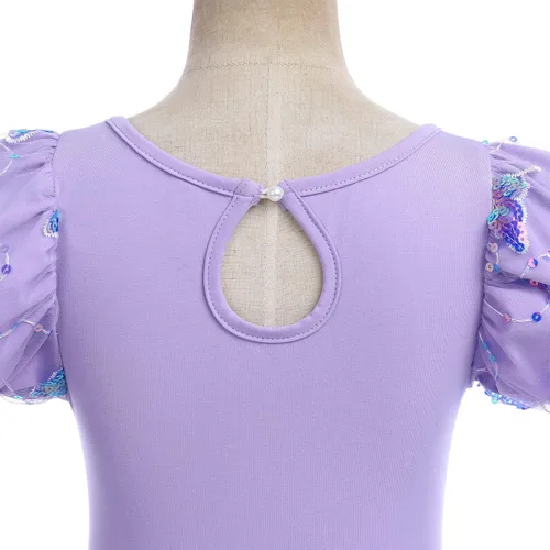 Vista 5 de Leotardos de ballet para niñas, 4 colores, mariposa, lentejuelas brillantes, vestido tutú de baile, manga abombada, ojo de cerradura en la espalda