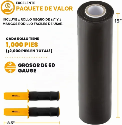Vista 2 de Modern Innovations Rollo de envoltura elástica negro de 15 pulgadas con asas (1 rollo de 1000 pies), envoltura retráctil resistente para mudanzas