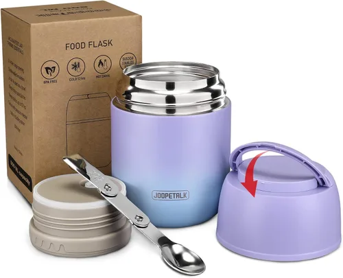 Vista 8 de JOOPETALK Recipientes de almuerzo aislados de 17 onzas, color negro, lonchera térmica de acero inoxidable al vacío con asa y cuchara plegable