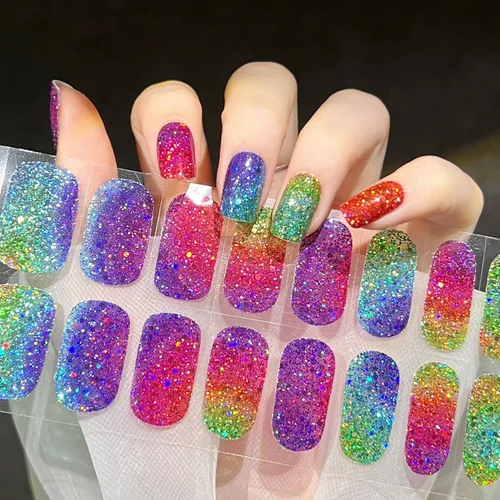 Vista 9 de Tiras de esmalte de uñas de gel con purpurina verde sin luz de uñas, calcomanías de lámpara de uñas, 20 tiras de manicura extra largas