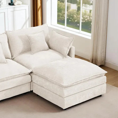 Vista 7 de Sofá modular beige en forma de L, moderno sofá convertible en forma de L de 3 plazas de chenilla suave, cómodo tapizado con juego otomano extraíble