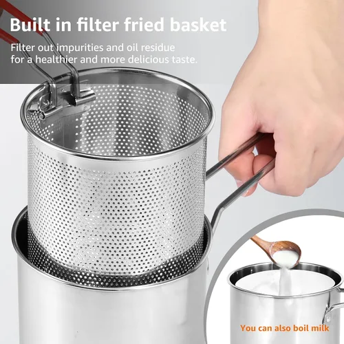Vista 5 de Mini olla de acero inoxidable con asa y cesta coladora, mini freidoras de aceite para freidora, freidoras de grado alimenticio con tapa, olla