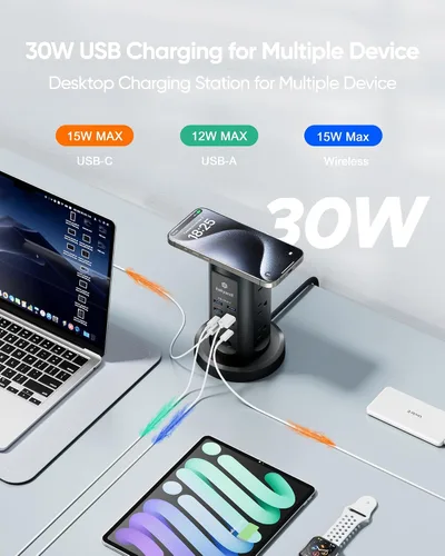 Vista 4 de Kakyanill Estación de carga USB de 30 W, torre de regleta de alimentación, 9 salidas de CA con 8 puertos USB (4 USB-C), cable de extensión retráctil