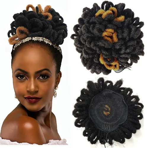 Vista 23 de Abellee 2 moños de Loc para mujeres negras, 8 pulgadas, moño de pétalos de Loc, Afro, cola de caballo alta, cordón de coleta, extensiones de cabello