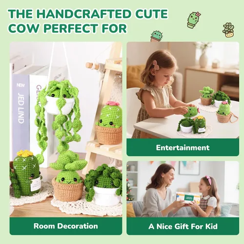 Vista 6 de Imcrasy - Kit de ganchillo para principiantes con lecciones de video paso a paso 6 plantas en macetas y kit de ganchillo de la familia de plantas