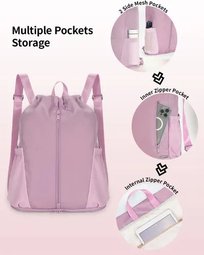 Vista 4 de sportsnew Mochila deportiva con cordón y compartimento para zapatos, bolsa de gimnasio para hombres y mujeres, bolsa de viaje resistente al agua