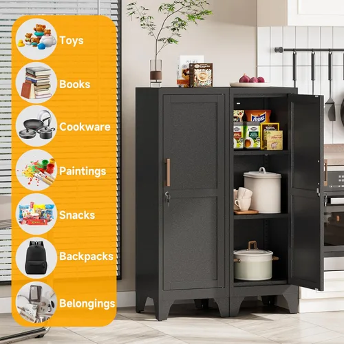 Vista 6 de Armario de metal negro de 46 pulgadas de alto con 1 puerta con cerradura y 2 estantes ajustables para empleados, armario de almacenamiento pequeño