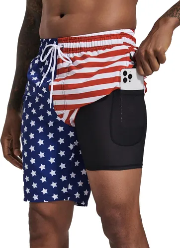 Vista 12 de Difficort - Traje de baño para hombre con forro de compresión, pantalones cortos de secado rápido con bolsillos con cremallera 1-a/ Rayas negras
