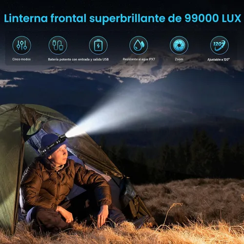 Vista 2 de Sinvimes Linterna frontal recargable LED de 4000 lúmenes altos, lámpara de cabeza de batería de larga duración de 95 horas con 5 modos e