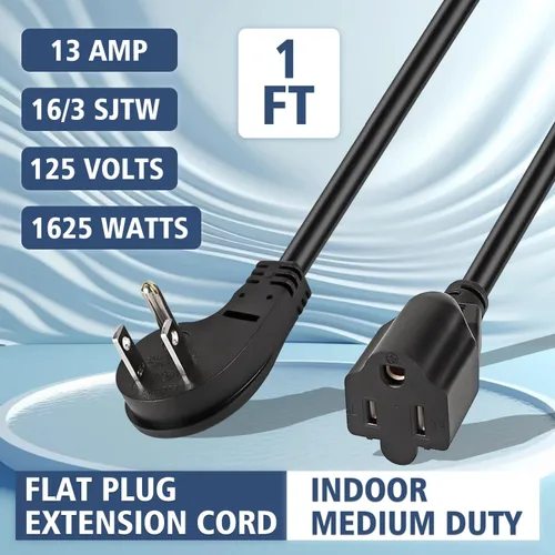 Vista 7 de Cable de extensión corto de 1875W, cable de alimentación de perfil bajo de 15A 16AWG de alta resistencia con enchufe plano de 3 puntas, cable