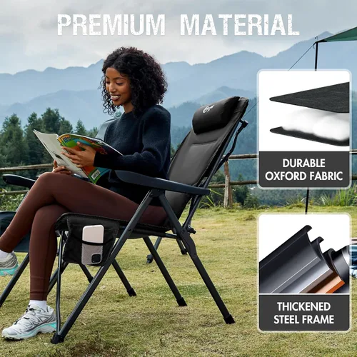 Vista 5 de Portal Silla reclinable de campamento con respaldo ajustable plegable para adultos, portátil, respaldo alto, de gran tamaño, 350 libras (negro)