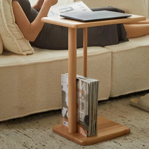 Vista 8 de Mesa Auxiliar En Forma De C De Madera De Caucho, Mesa Auxiliar Pequeña Con Bandeja Para TV Para Sofá, Sala De Estar, Dormitorio, Mesa De Sofá Nogal