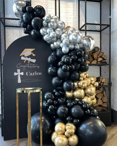 Vista 2 de Juego de 60 globos de color negro dorado y plateado, 60 globos metálicos cromados dorados y plateados de 12 pulgadas para cumpleaños, boda