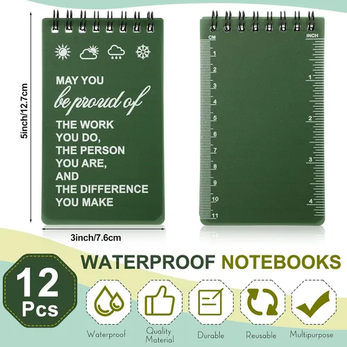 Vista 2 de Cuaderno impermeable de 24 piezas con juego de bolígrafos multiherramienta que incluye 3 x 5 bloc de notas de bolsillo en espiral superior y Verde