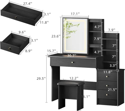 Vista 7 de Escritorio de tocador con espejo y luces, tocador de maquillaje con 3 modos de iluminación ajustables, escritorio de tocador pequeño con espejo