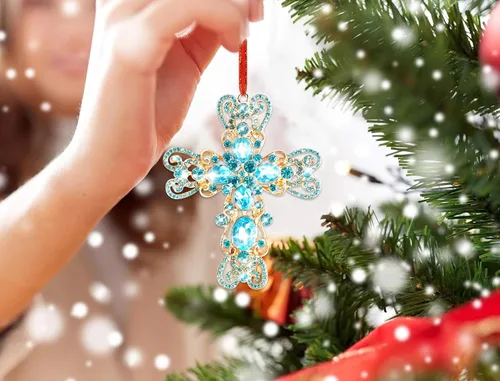 Vista 6 de JUESMOS Adorno navideño de cruz azul 2024 – Cruz de metal, adornos religiosos cristianos de Navidad, recuerdo para la natividad, regalos
