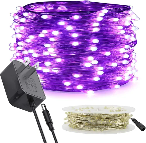 Vista 10 de RUICHEN Guirnalda de luces de alambre plateado enchufable, 33 pies, 100 luces LED estrelladas con carrete, color morado Waterproof Starry String