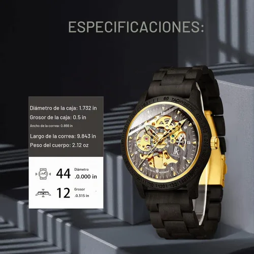 Vista 4 de IK COLOURING Relojes de lujo mecánico de madera caso esqueleto Lumious automático automático ligero cuero genuino pulsera/reloj de pulsera con banda