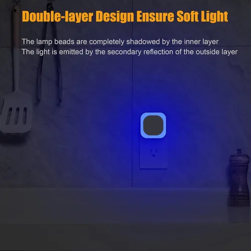 Vista 5 de YUNLEX Paquete de 4 luces nocturnas enchufables regulables, luz nocturna azul, sensor automático de atardecer a amanecer, luz nocturna LED, brillo