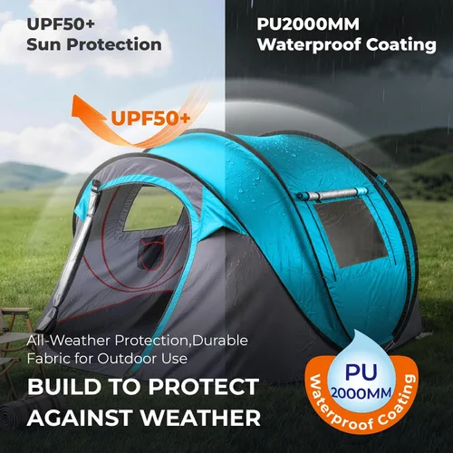Vista 6 de Tienda de campaña desplegable fácil para 4 personas, instalación automática impermeable, 2 puertas, tienda de campaña familiar instantánea