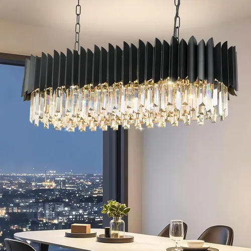 Vista 13 de Candelabro de cristal negro de 20 pulgadas, K9, luces colgantes redondas, ajustables, de 4 niveles, gran lámpara de cristal moderna, 6 luces