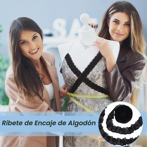 Vista 6 de FINGERINSPIRE Cinta de encaje de algodón de 15 yardas, 1-5/8 pulgadas, color negro, con ojales, bordado floral, ribete de encaje, borde ondulado