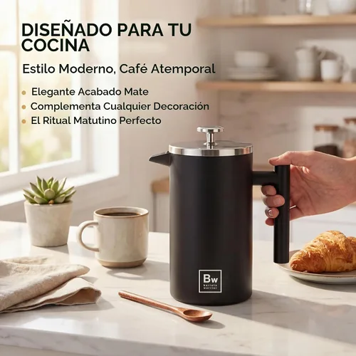 Vista 2 de Barista Warrior - Cafetera de prensa francesa, prensa francesa aislada de acero inoxidable de doble pared con termómetro integrado, cafetera de Negro