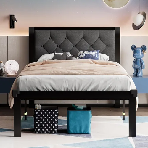 Vista 11 de Feonase Marco de cama de metal tamaño doble con cabecera capitoné de cuero sintético con botones, marco de cama tipo plataforma resistente
