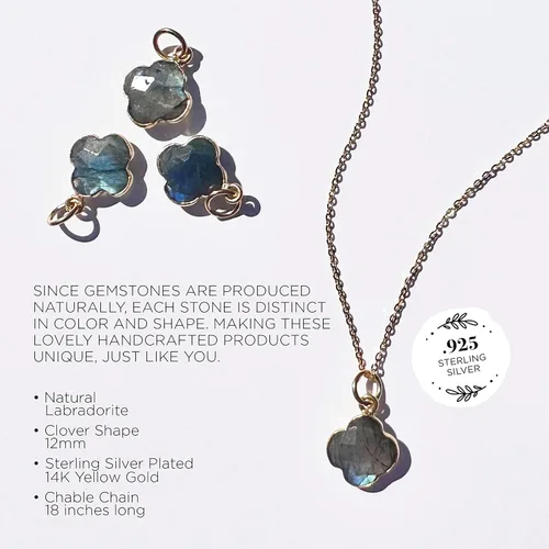 Vista 51 de Genuine Gemstone Necklace, Carved Four Leaf Clover Shape, Amethyst, Moonstone, Amazonite, Tourmaline, Labradorite, 925 Sterling Silver Jewelry