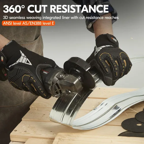 Vista 3 de Vgo... Cut Resistant Gloves, Cutproof Leather Work Gloves Men Women,EN388 level E, ANSI level A5,Touchscreen,Mechanics Gloves 1 par - negro