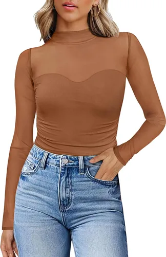 Vista 42 de Camisas de manga larga de malla sexy para mujer, ropa de moda, cuello de tortuga, drapeada, para salir, trajes de otoño, blusas ajustadas Negro