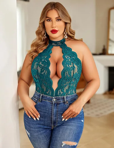 Vista 5 de Avidlove Lencería de talla grande para mujer, body de encaje, babydoll con cuello halter, camisón de 16-24 Plus