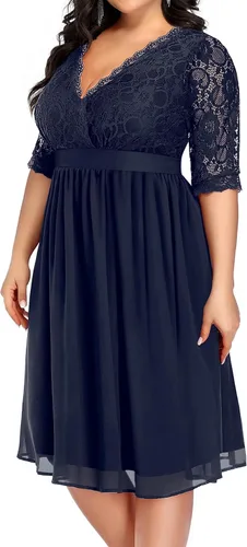 Vista 20 de Plus Size Wedding Guest Cocktail Midi Dress Lace Chiffon V Neck Wrap Negro