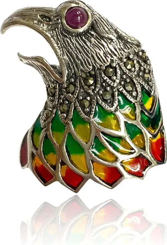 Vista 5 de Art Nouveau Style Plique a Jour Enamel Eagle Bird Pin Brooch with Ruby Eye and Marcasite Stone 925 Sterling Silver
