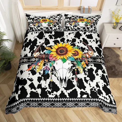Vista 12 de Erosebridal Funda de edredón de piel de vaca marrón con estampado de vaca de las tierras altas, juego de ropa de cama occidental exótico azteca