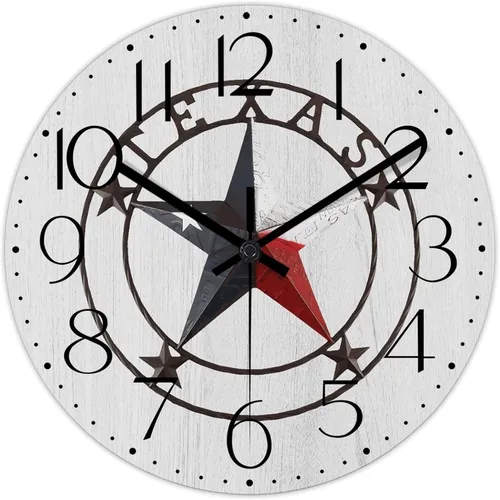 Vista 8 de Reloj de pared redondo estilo clásico con estrella de Texas occidental, reloj de madera, silencioso, sin tictac, funciona con pilas, fácil de leer