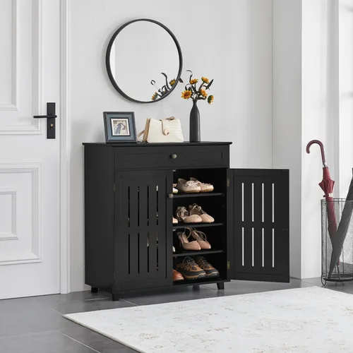 Vista 2 de Topeakmart Zapatero con puertas, zapatero de madera para pasillo, negro Estante de 4 capas y un cajón; dos particiones de nivel ajustables; MDF