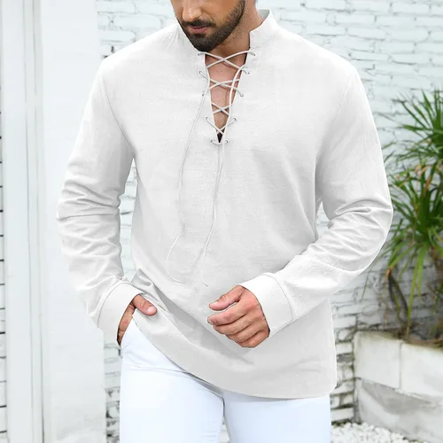 Vista 2 de Camisa medieval renacentista pirata para hombre, manga larga, vikinga, gótica, steampunk, Halloween, cosplay, fiestas