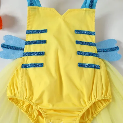 Vista 4 de AWIBMK Disfraz de platija para niñas pequeñas, color amarillo brillante, tutú de lentejuelas con diadema, disfraz de sirena para Halloween, cosplay