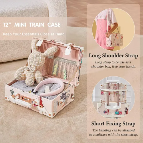 Vista 4 de Unitravel Juego de equipaje vintage, juego de maleta de mano para mujer con cerradura TSA, baúl giratorio de piel sintética con funda de tren de 12