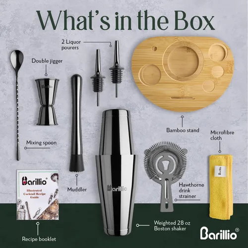 Vista 2 de Barillio Black Mixology - Kit de barman con soporte, juego de coctelera con soporte de bambú, coctelera Boston, Mojito Muddler y cuchara mezcladora
