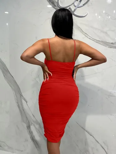 Vista 4 de BEAGIMEG Vestido sexy ajustado sin mangas con tirantes delgados para mujer, fruncido, para club, fiesta, cóctel, vestido midi