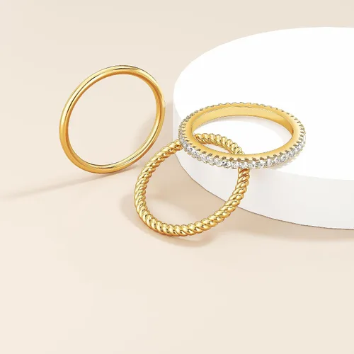 Vista 7 de Moodear Juego de 3 anillos finos y apilables, delicados anillos chapados en oro de 14 quilates con circonita cúbica para mujer, no se deslustra
