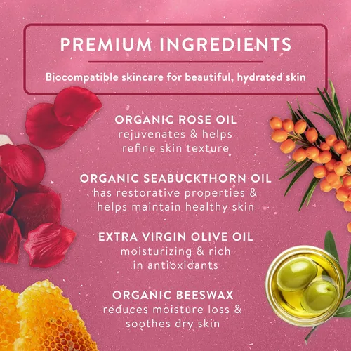 Vista 3 de Badger Rose Beauty Balm, tratamiento nutritivo 100% orgánico para cara, cuello y manos con aceite esencial de rosa puro, hidratante facial intensivo
