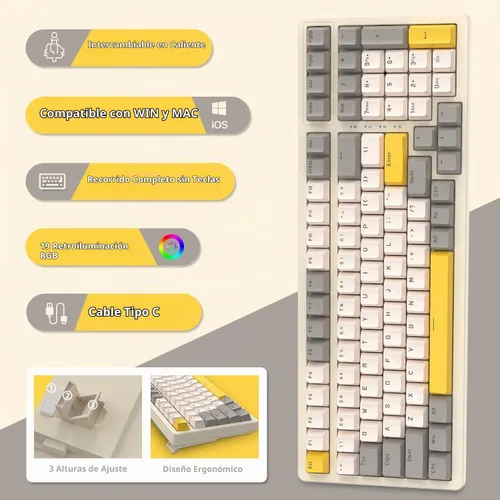 Vista 7 de Ajazz Teclado mecánico para juegos, intercambiable en caliente con almohadilla numérica, compacto USB con cable 100 teclas, teclas ABS de doble